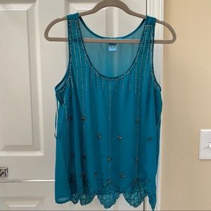 Turquoise sheer embellished tank top